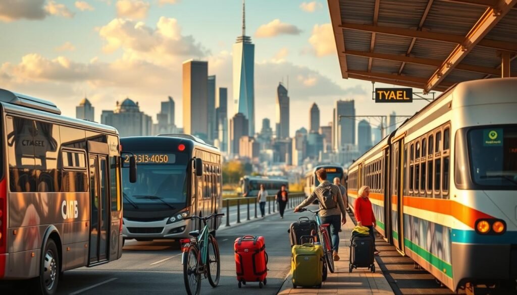A vibrant scene of budget-friendly travel options. In the foreground, a diverse array of transportation modes - a bus, a rideshare car, a bicycle, and a train - all converging at a bustling urban transit hub. The middle ground showcases a variety of luggage and backpacks, hinting at the diverse travelers. In the background, a skyline of skyscrapers and city landmarks, bathed in warm, golden-hour lighting, conveying a sense of adventure and exploration. The overall mood is one of excitement and cost-consciousness, capturing the essence of affordable yet enriching travel experiences. A vibrant scene of budget-friendly travel options. In the foreground, a diverse array of transportation modes - a bus, a rideshare car, a bicycle, and a train - all converging at a bustling urban transit hub. The middle ground showcases a variety of luggage and backpacks, hinting at the diverse travelers. In the background, a skyline of skyscrapers and city landmarks, bathed in warm, golden-hour lighting, conveying a sense of adventure and exploration. The overall mood is one of excitement and cost-consciousness, capturing the essence of affordable yet enriching travel experiences.