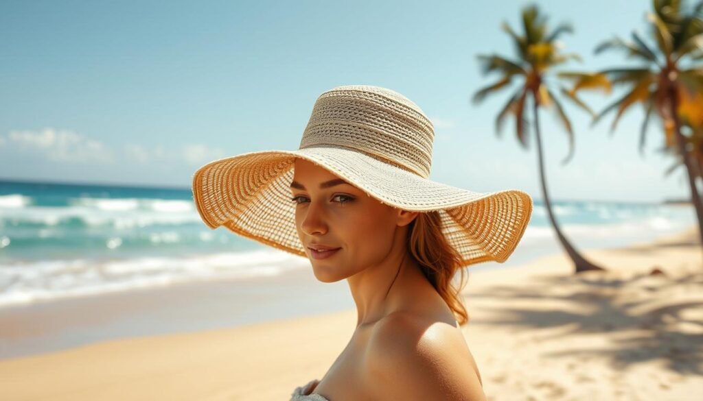 A wide-brimmed hemp beach hat, its natural fibers gently swaying in a warm, coastal breeze. The hat casts a soft, flattering shadow over the wearer's face, shielding them from the sun's glare as they stroll along the golden sands. In the background, a serene Australian beach scene unfolds - azure waves gently lapping the shore, palm trees swaying overhead, and a cloudless sky above. The overall mood is one of relaxation, sustainability, and connection with the natural world. A wide-brimmed hemp beach hat, its natural fibers gently swaying in a warm, coastal breeze. The hat casts a soft, flattering shadow over the wearer's face, shielding them from the sun's glare as they stroll along the golden sands. In the background, a serene Australian beach scene unfolds - azure waves gently lapping the shore, palm trees swaying overhead, and a cloudless sky above. The overall mood is one of relaxation, sustainability, and connection with the natural world.