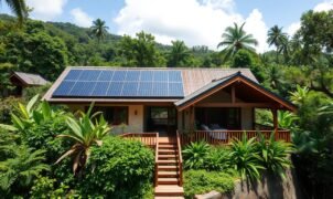 Sustainable eco lodge in Costa Rica rainforest with solar panels and natural building materials