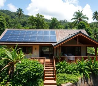 Sustainable eco lodge in Costa Rica rainforest with solar panels and natural building materials