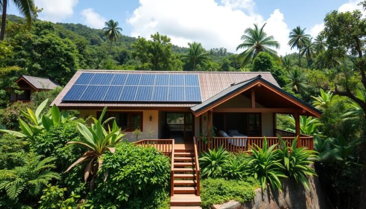 Sustainable eco lodge in Costa Rica rainforest with solar panels and natural building materials
