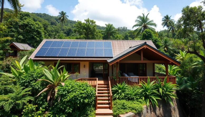 Sustainable eco lodge in Costa Rica rainforest with solar panels and natural building materials